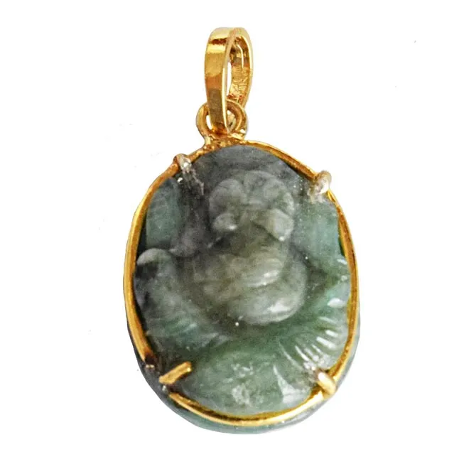 18.9 cts Lord Ganesh God Ganpati Real Natural Emerald Sterling Silver Gold Plated Pendant (SGP113)