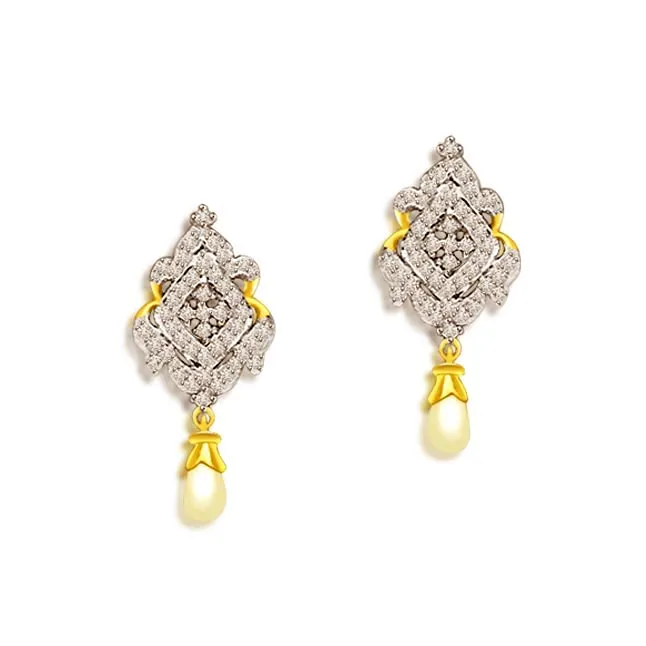 1.00 cts Two Tone Diamond & Pearl Hanging Earrings (ER408)