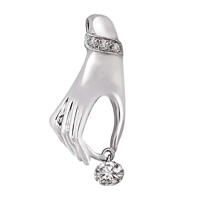 Diamond held by a Hand Shaped Real Diamond 14kt White Gold Pendant (P759)
