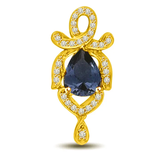 Real Diamond & Pear Sapphire 18kt Gold Pendant for Her (P961)