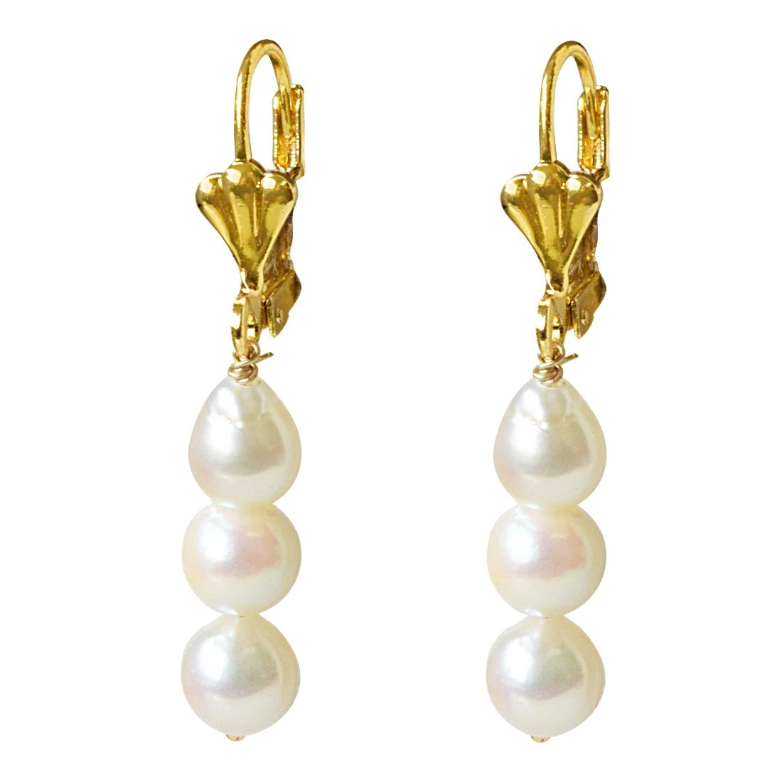 Real Natural Cultured Pearl and Flower Shaped Gold Plated Hanging Earrings for Women (SE328)
