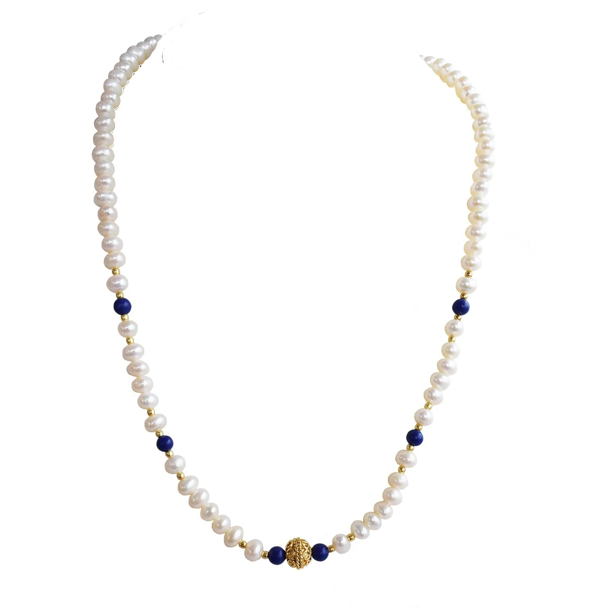 Azure Adornment: Freshwater Pearl, Blue Lapis & Gold Bead Necklace (SN1023)