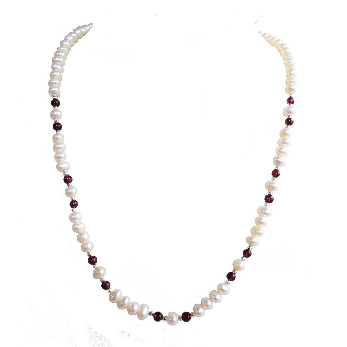 Scarlet Symphony: Freshwater Pearl, Red Garnet & Silver Necklace (SN1024)