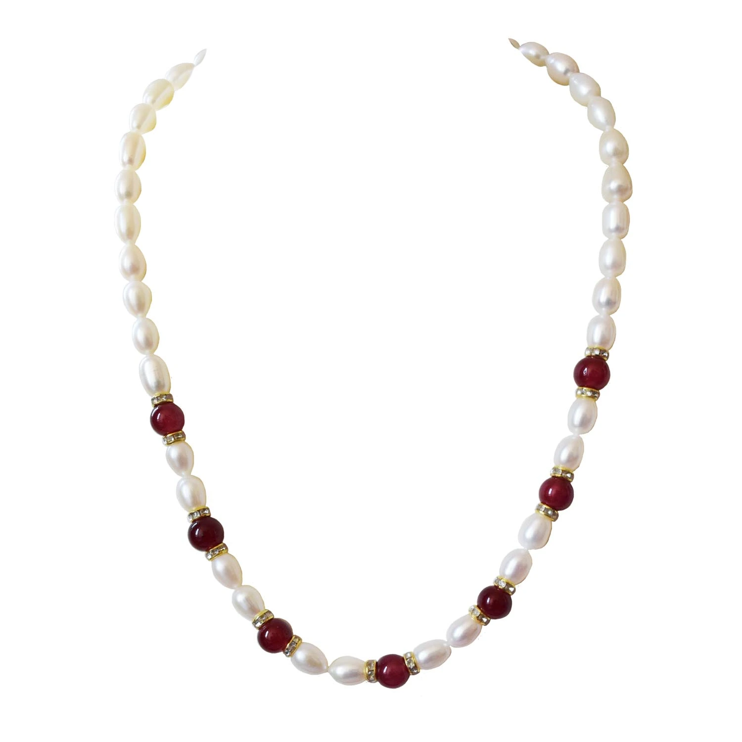 Crimson Elegance: Elongated Pearl and Red Stone Necklace (SN1034)