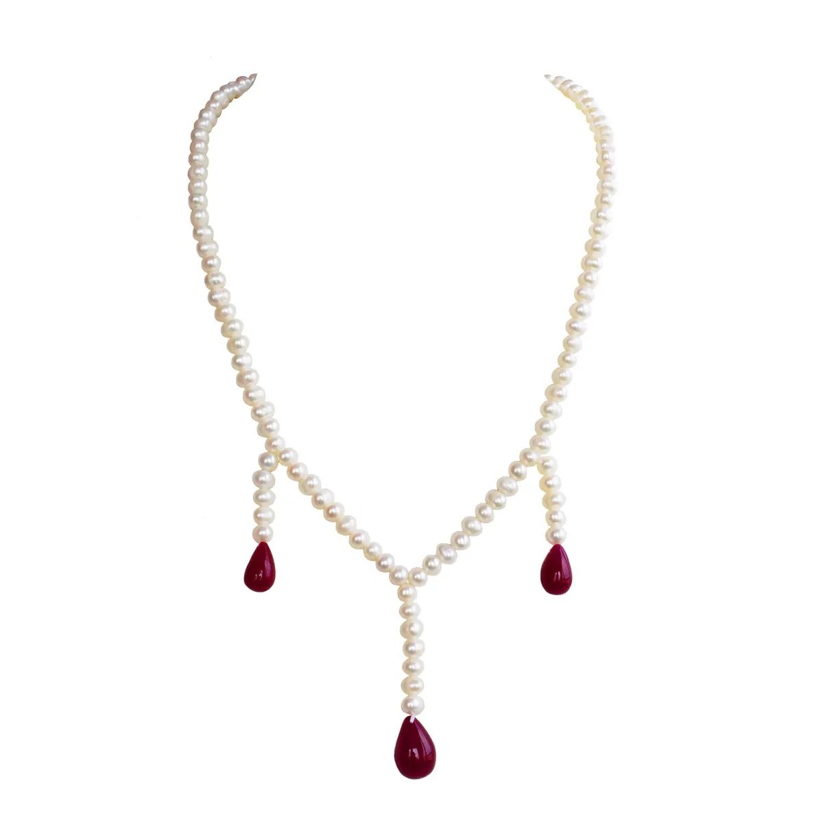 Ruby Cascade: Enchanting Pearl and Ruby Drop Necklace (SN1041)