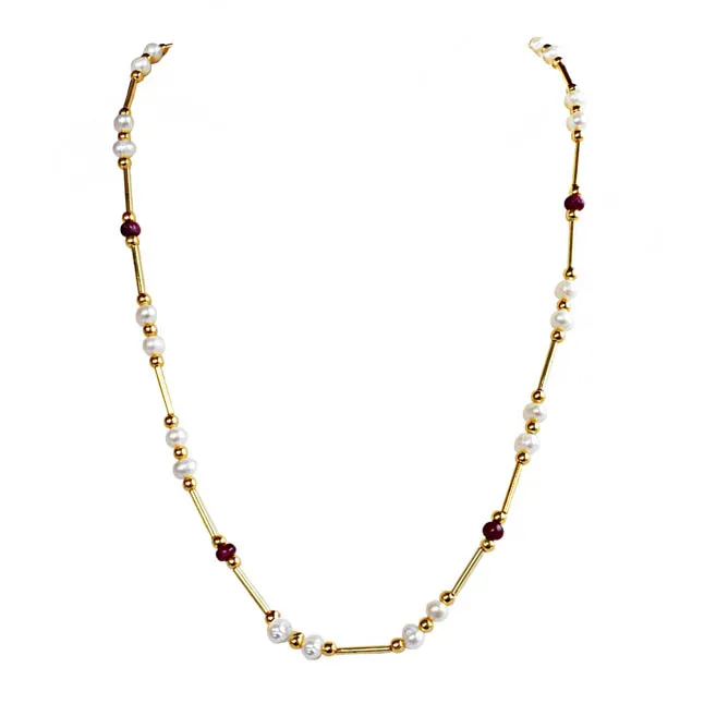 Unlock the Secret to Timeless Beauty: The Real Pearl, Red Ruby, and Gold Plated Necklace Awaits You (SN1082)