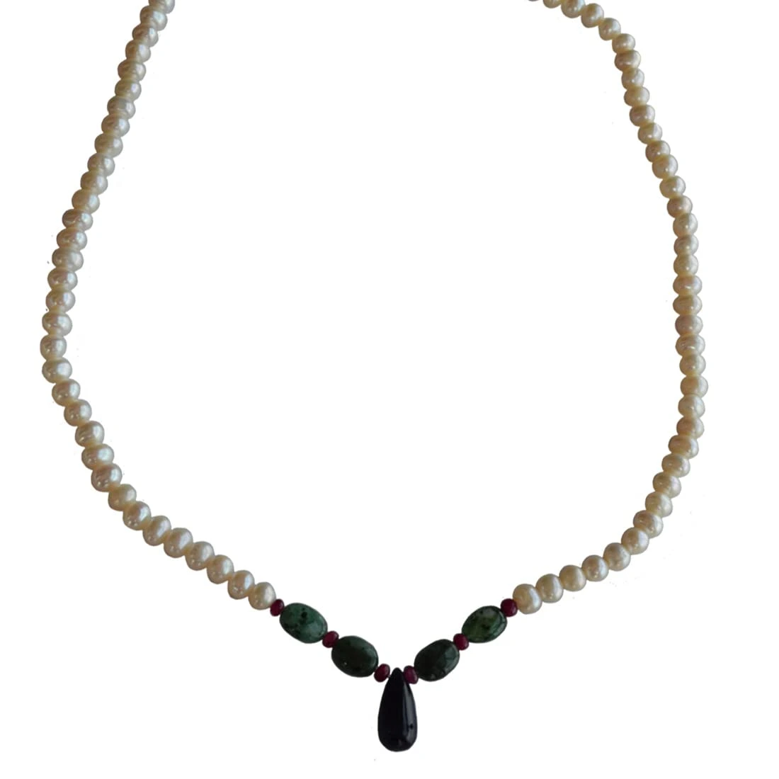Be His Pet - Real Rice Pearl, Drop Sapphire, Oval Emerald & Ruby Beads Necklace for Women (SN1012)