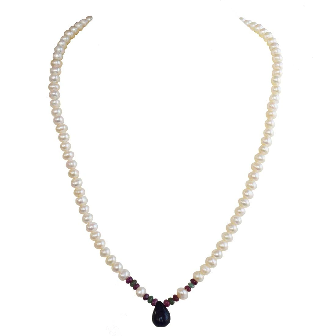 Sapphire, Emerald, Ruby Beads & Rice Pearl Necklace (SN1017)