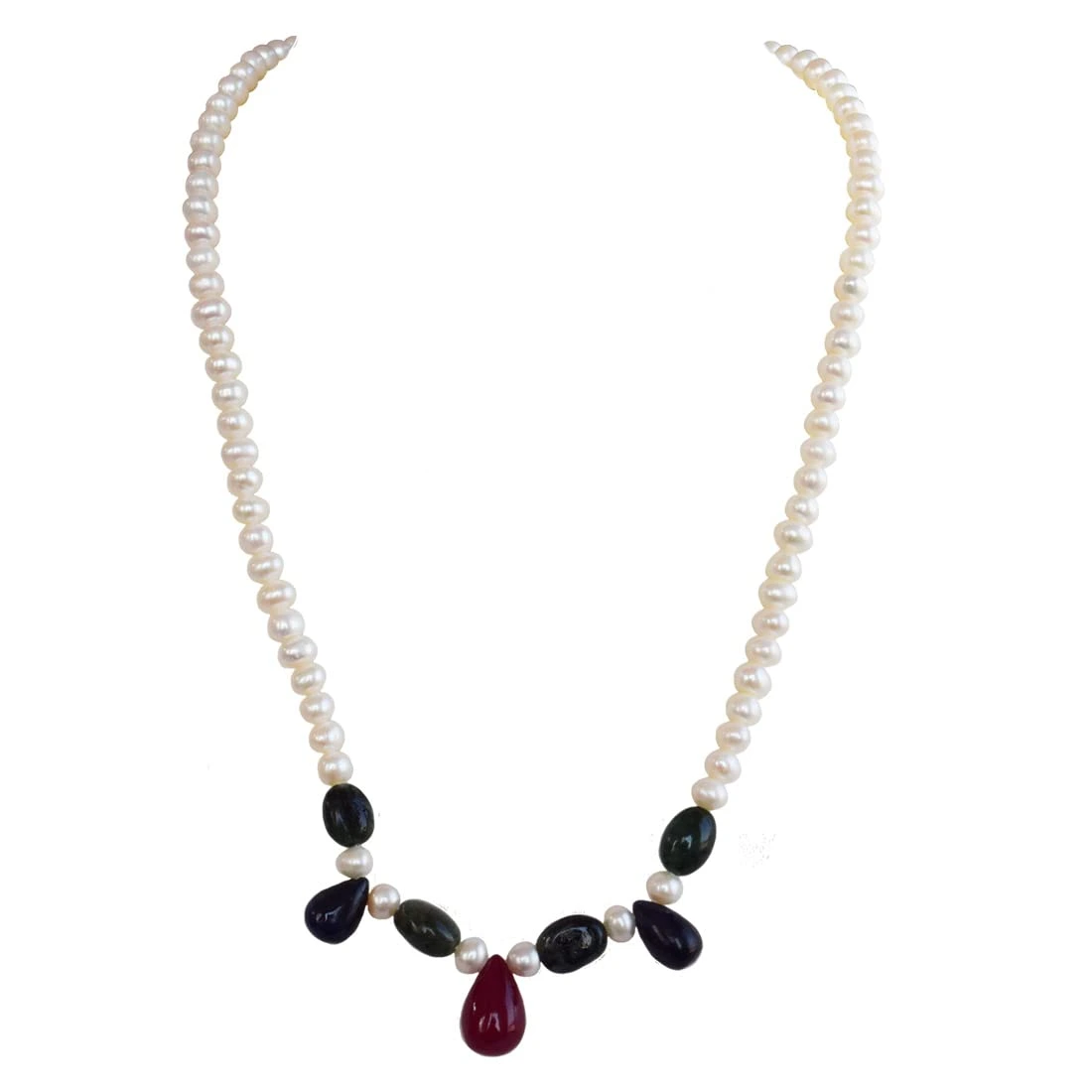 Surreal Beauty - Real Rice Pearl, Drop Sapphire, Oval Emerald & Ruby Beads Necklace for Women (SN1013)