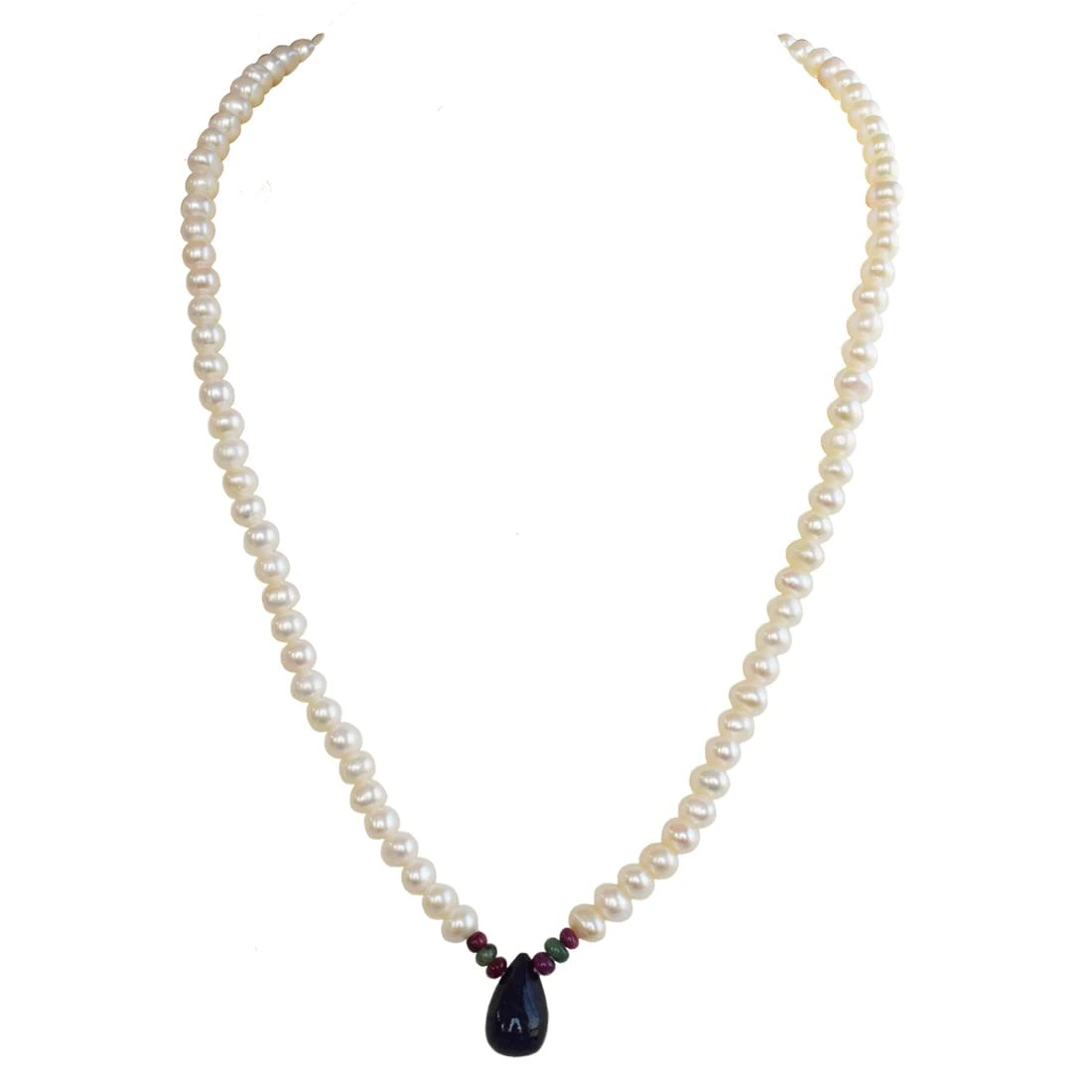 Drop Sapphire, Emerald , Ruby Beads & Rice Pearl Necklace (SN1015)