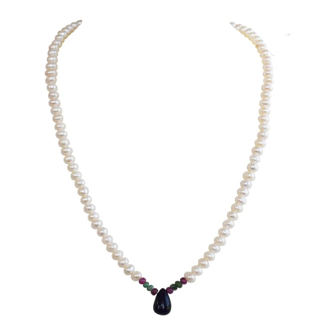 Drop Sapphire, Emerald, Ruby Beads & Rice Pearl Necklace (SN1016)
