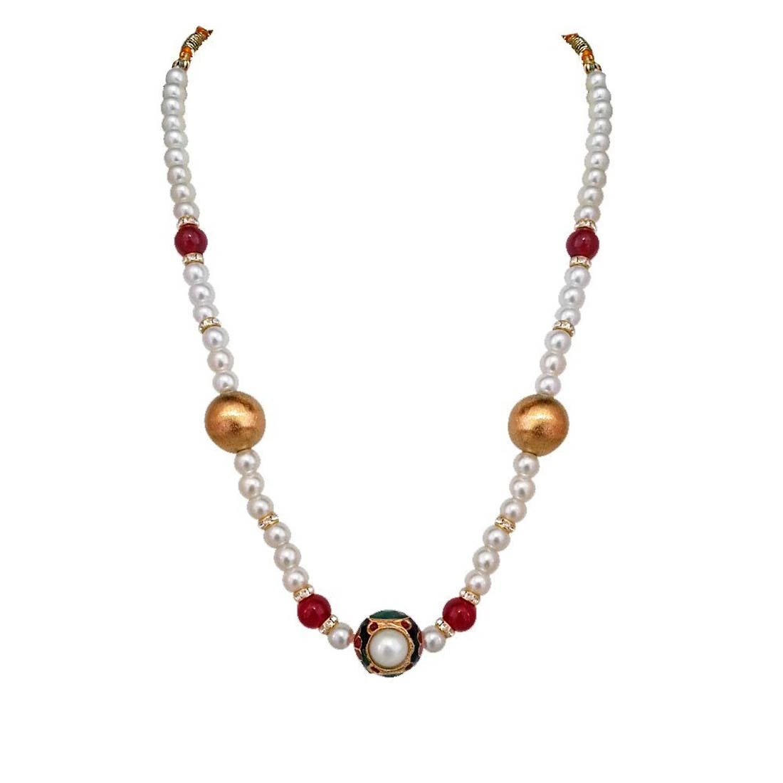 Exotic - Kundan Ball, Shell Pearls & Red Coloured Stone Necklace (SN642)
