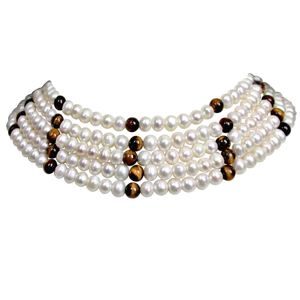 Richness -  5 Line Real Freshwater Pearl & Tiger Eye Beads Choker Necklace for Women (SN83)