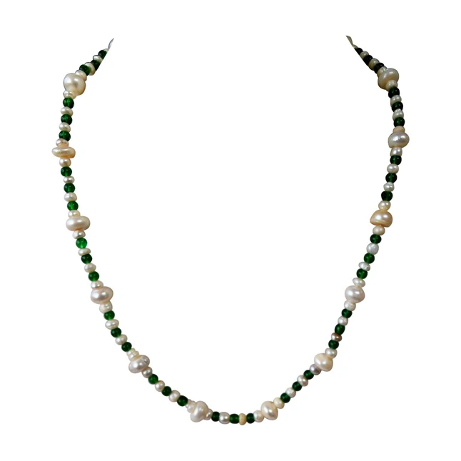 Single Line Real Natural Freshwater Pearl & Green Beads Necklace for Women (SN958)