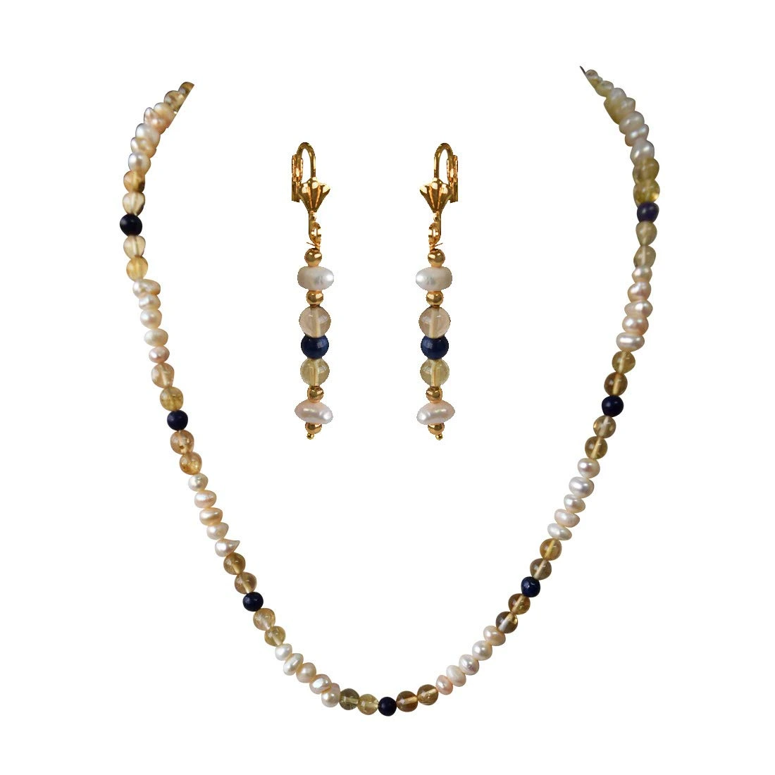 Freshwater Real Natural Pearl, Blue Lapiz & Citrin Beads Necklace with with Earrings (SN967)