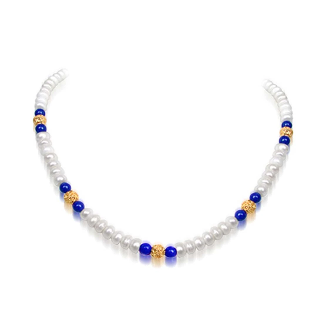 Wonder - Freshwater Pearl, Blue Lapiz Beads & Gold Plated Ball Necklace for Women (SN99)