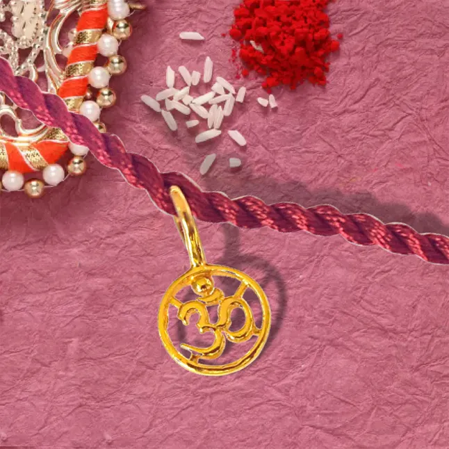 Delicate OM Shaped Gold Plated Sterling Silver Rakhi for Brothers (SNSR7)