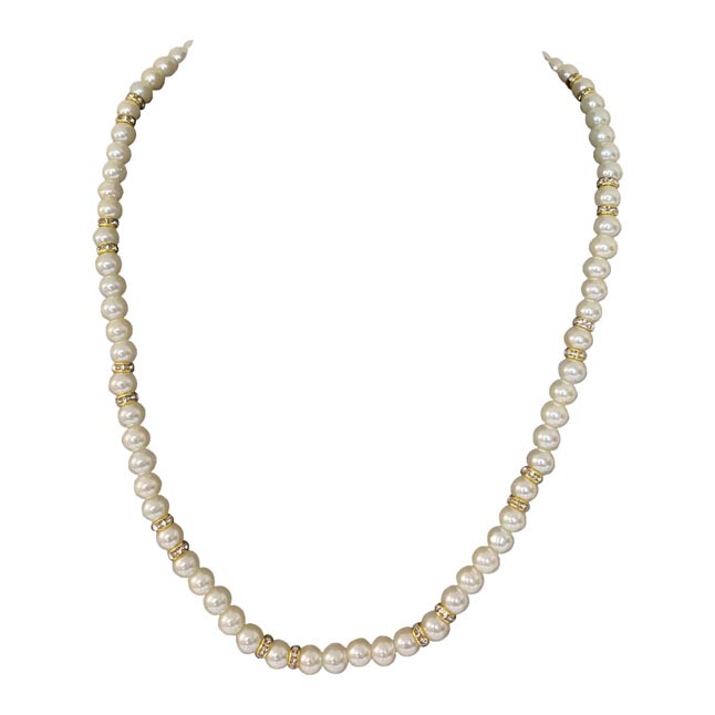 Luminous Elegance: 18 IN White Shell Pearl Necklace with Gold-Plated Diamond Accents (PS583)