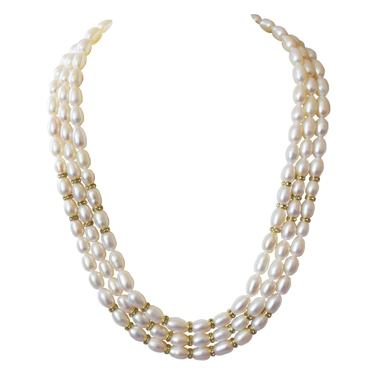 Majestic Cascade: Triple Layer Elongated Pearl and Stone Ring Necklace (SN1032)