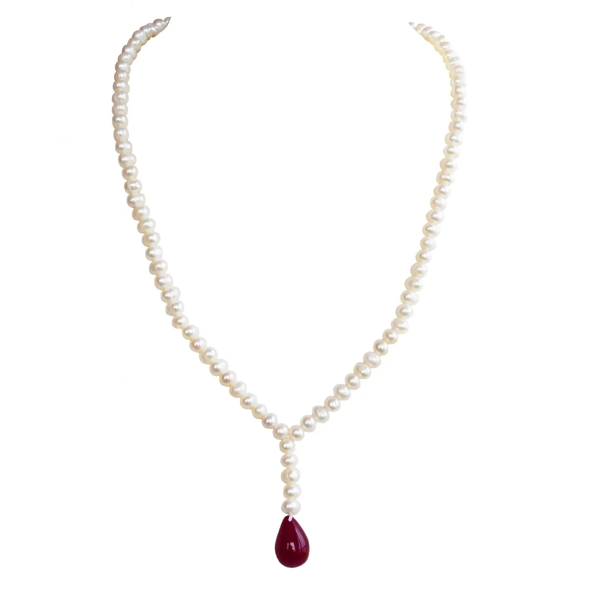 Ruby Whisper: Chic Pearl & Ruby Drop Necklace (SN1040)