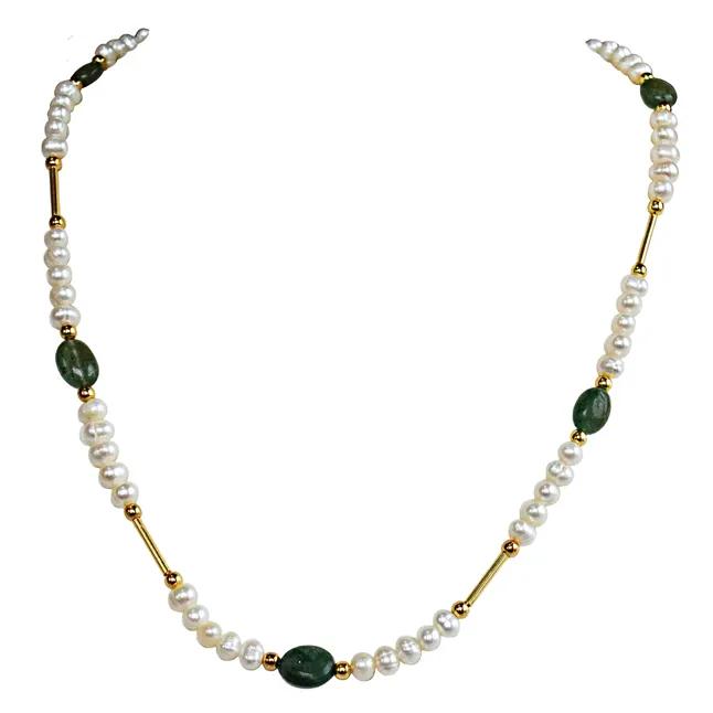 Dive into Elegance: The Enchanting Freshwater Pearl, Oval Emerald, and Gold-Plated Necklace (SN1074N)
