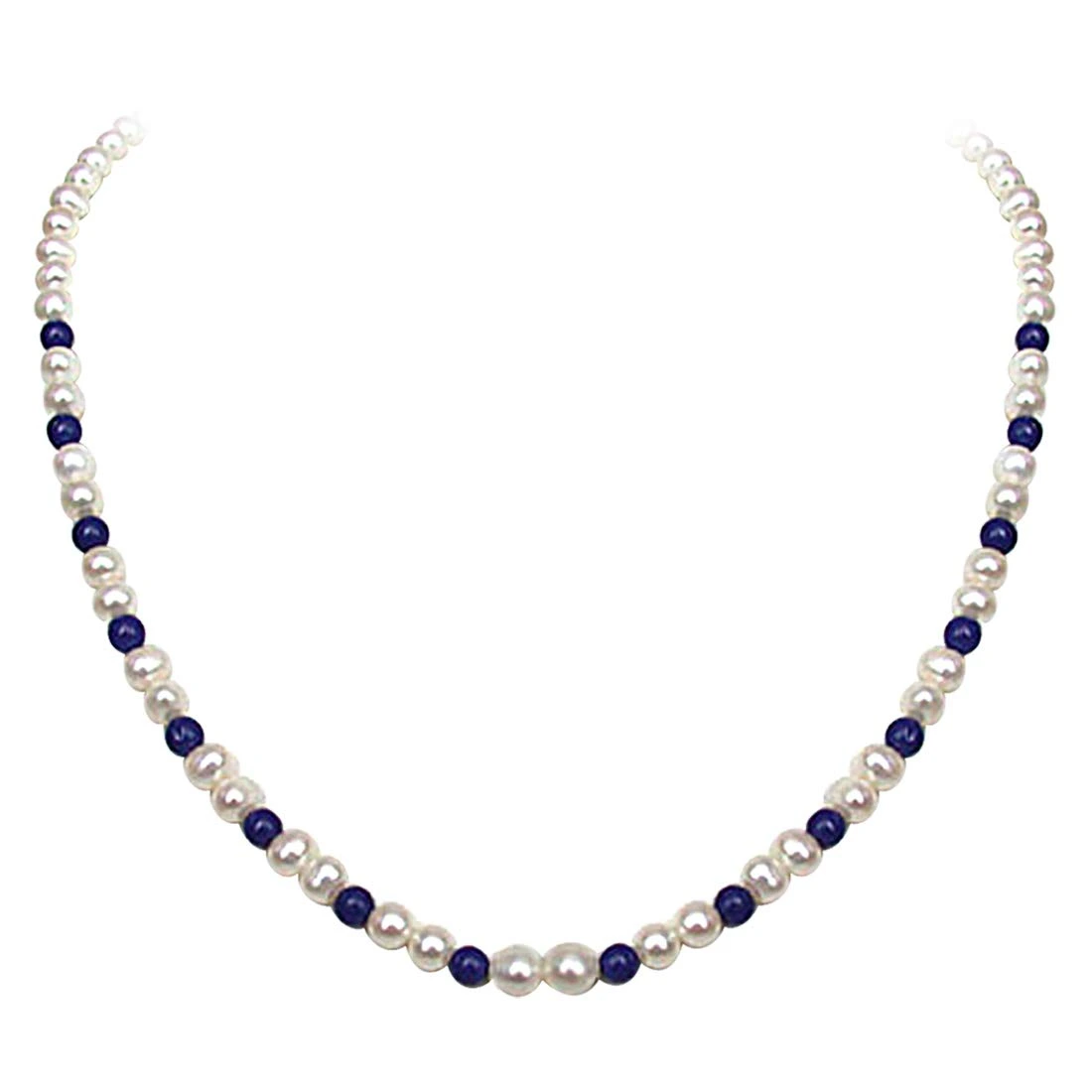 Regalia - Single Line Real Freshwater Pearl & Blue Lapiz Beads Necklace for Women (SN19)