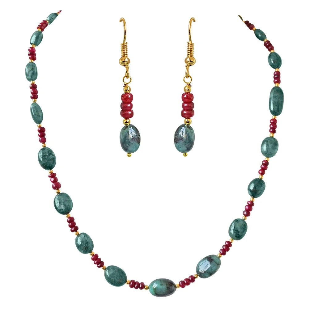 Single Line Real Oval Green Emeralds & Red Ruby Beads Necklace & Earring Set for Women (SN685)