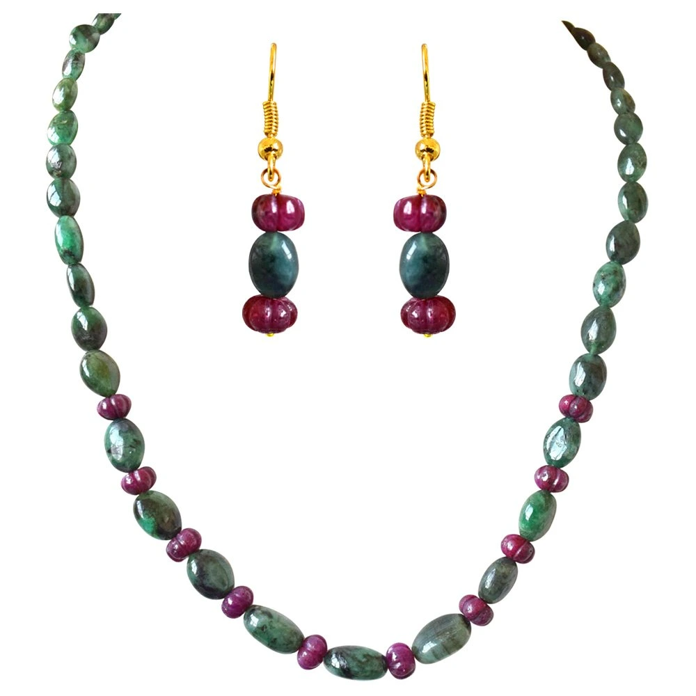 Single Line Real Oval Green Emerald & Flower Shaped Red Ruby Beads Necklace Earring Jewellery Set for Women (SN688)