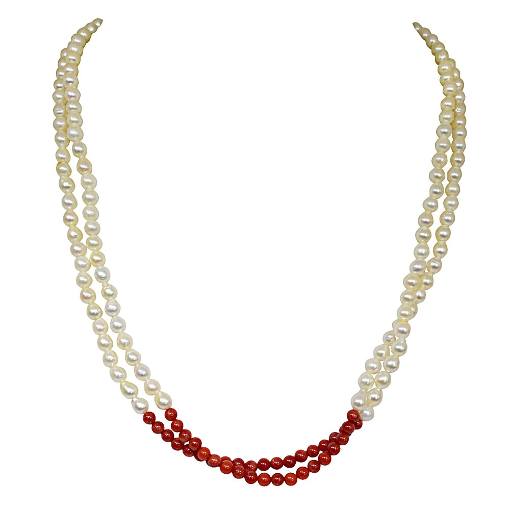 Elegance Unveiled: Majestic White Pearl & Crimson Coral Harmony Necklace (SN773)