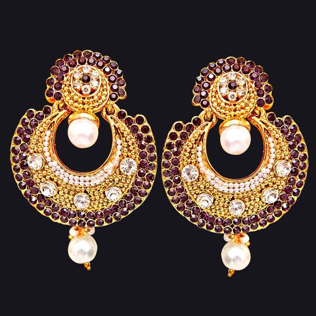 Traditional Round Shaped Purple White Stone Gold Plated Dangling Traditional Round Shaped Purple White Stone Gold Plated Dangling Fashion Earrings For Women