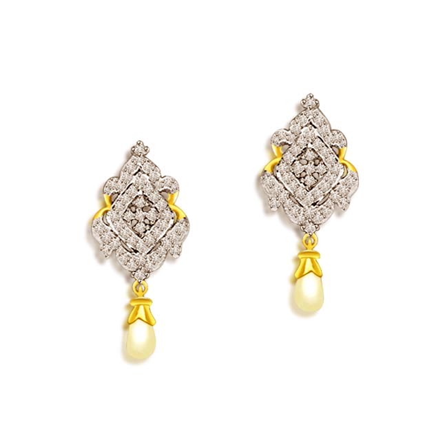 1.00 cts Two Tone Diamond & Pearl Hanging Earrings