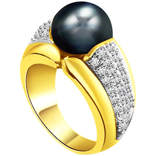 1.00ct Diamond Set In Black Tahitian Pearl rings -White Yellow Gold rings