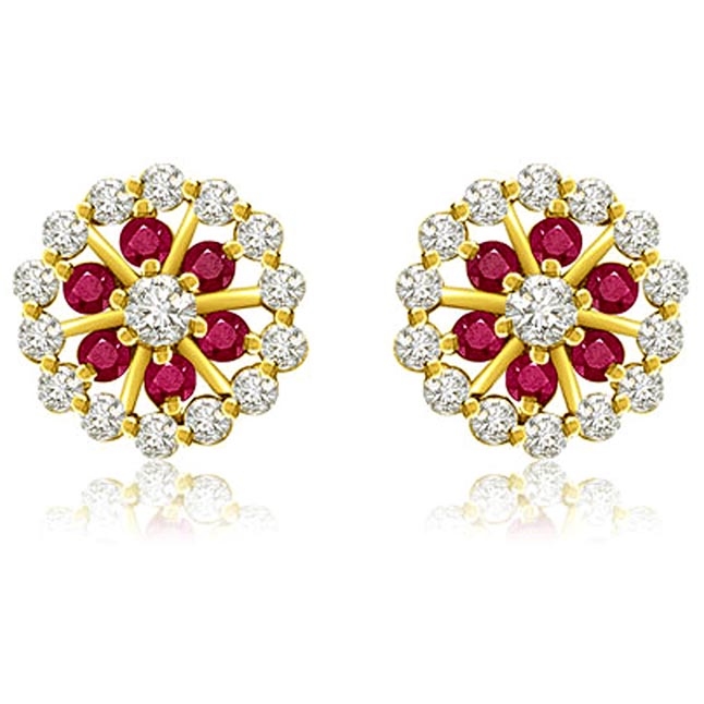 1.05 cts Diamond Ruby Earrings -Flower Shape Earrings