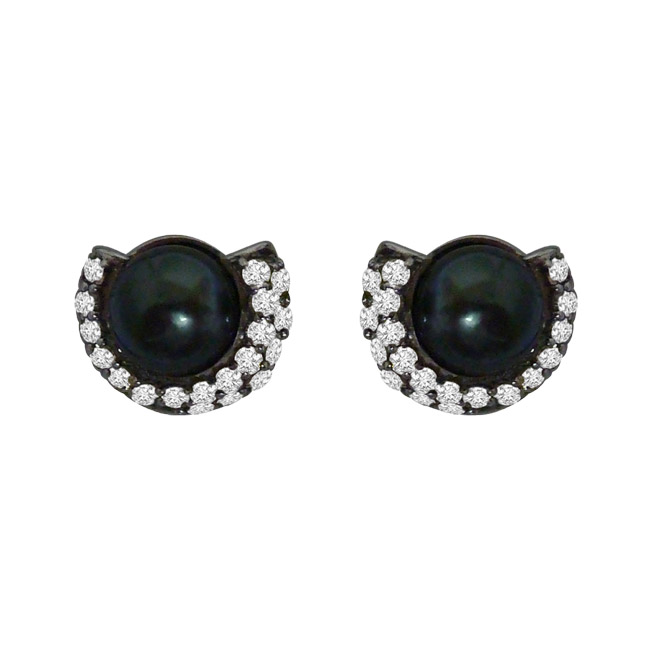 1.25ct Real Diamond & Tahitian Black Pearl Earring In 925 Silver (SDE4)