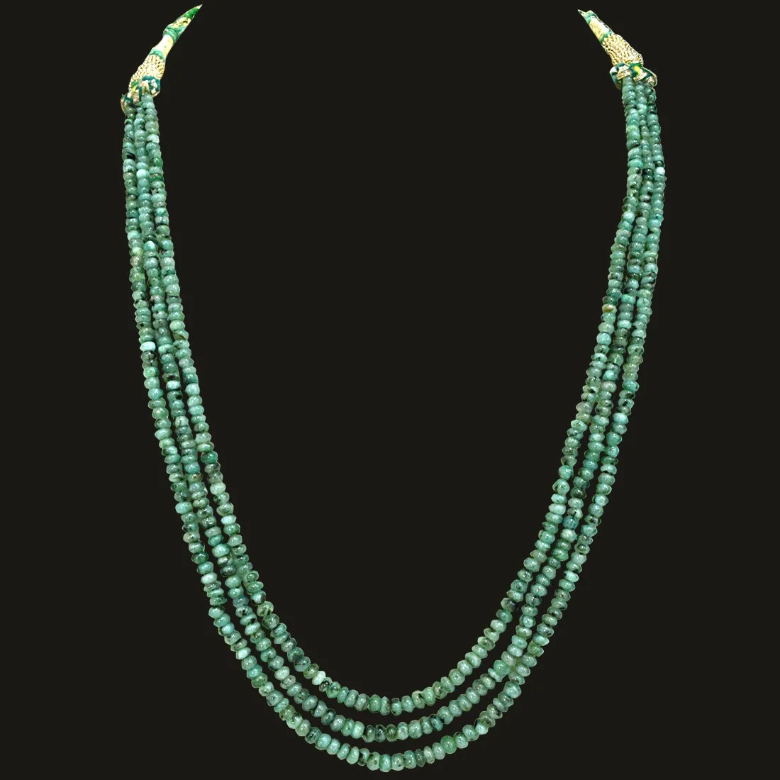 3 Line 151cts Real Natural Green Emerald Beads Necklace (151cts EMR Neck)