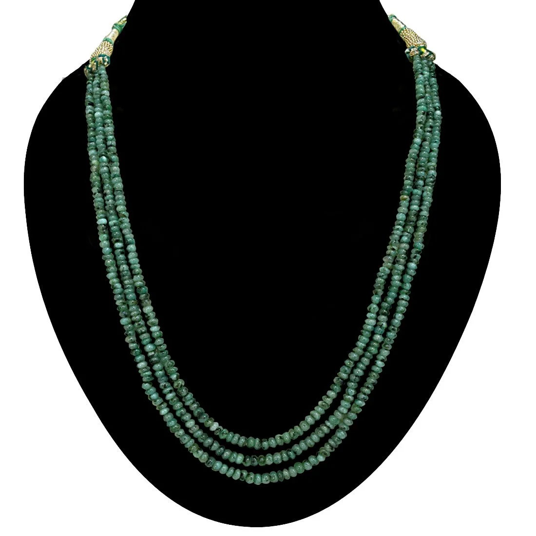 3 Line 151cts Real Natural Green Emerald Beads Necklace (151cts EMR Neck)