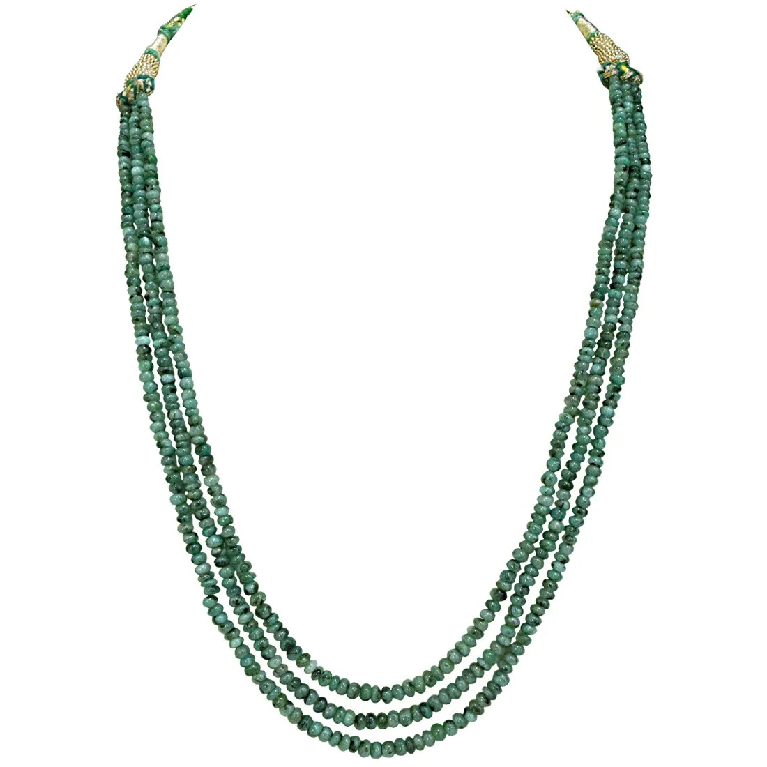3 Line 151cts Real Natural Green Emerald Beads Necklace