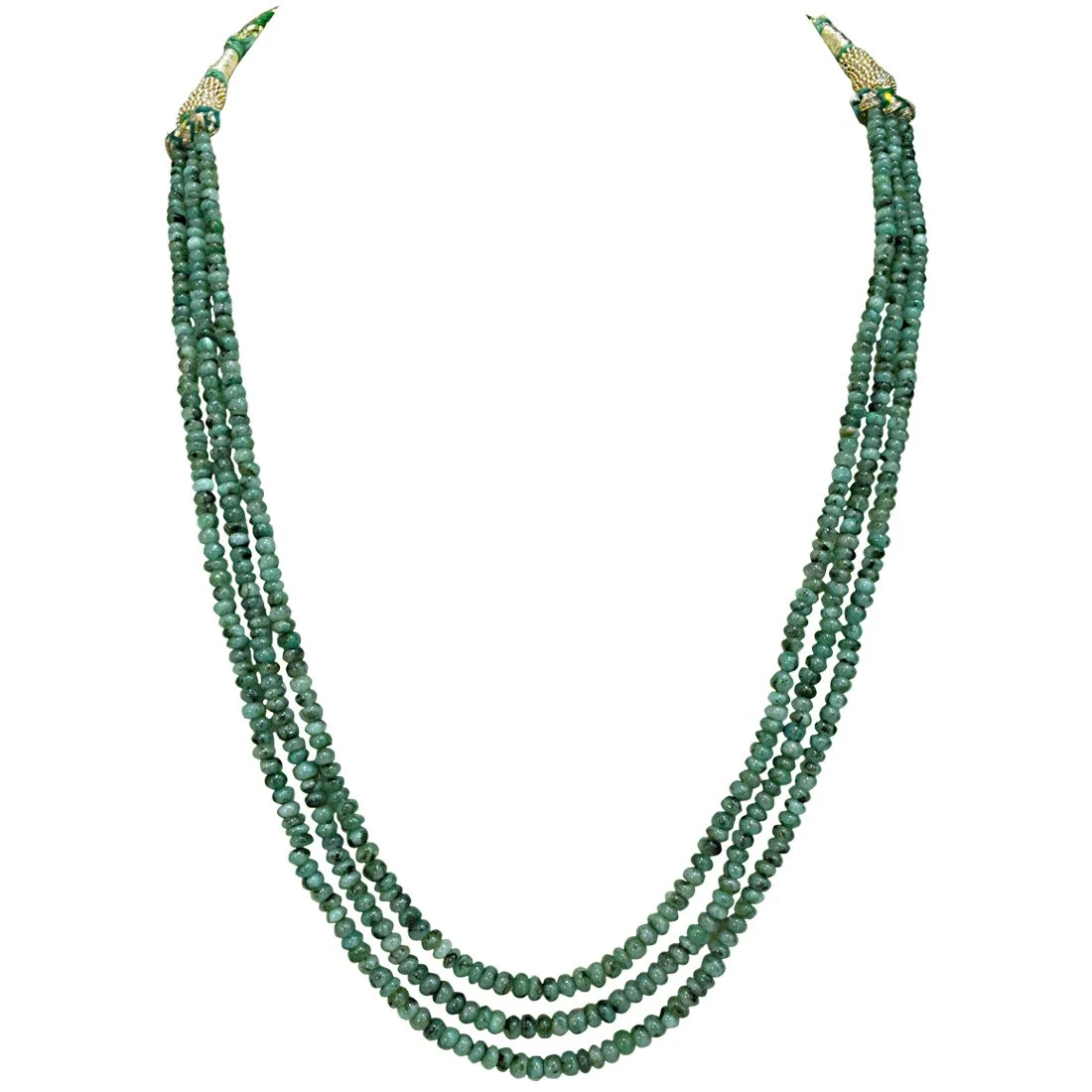 3 Line 151cts Real Natural Green Emerald Beads Necklace (151cts EMR Neck)