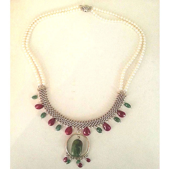 Real Emerald, Ruby & Pearl Silver Necklace -Pearl Necklaces