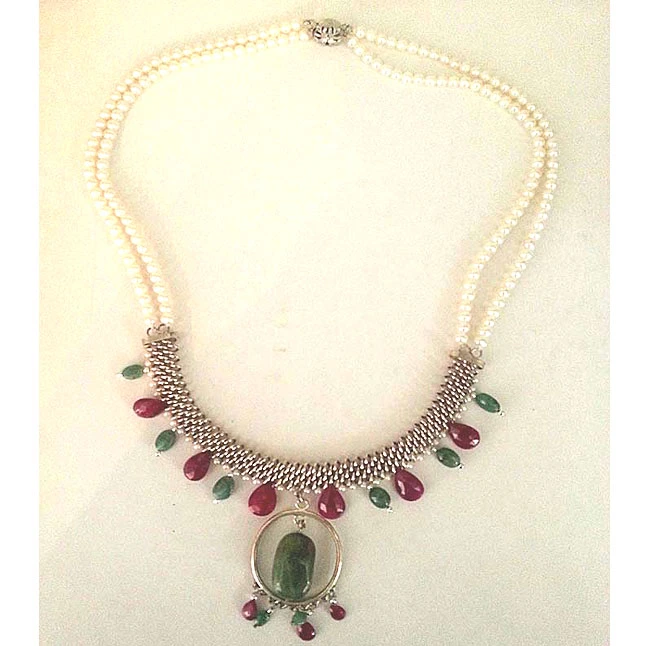 Real Emerald, Ruby & Pearl Silver Necklace (154-6)