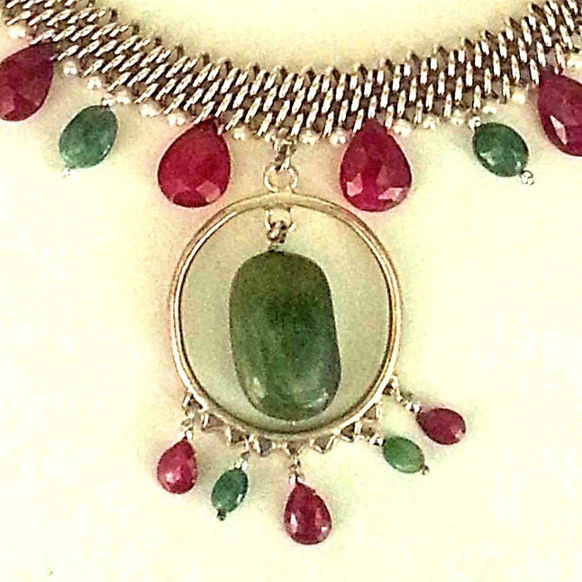 Real Emerald, Ruby & Pearl Silver Necklace -Pearl Necklaces