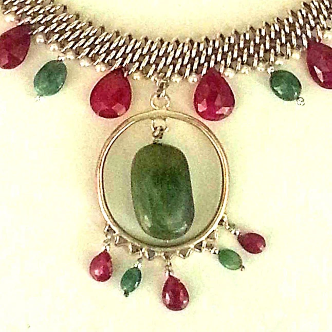 Real Emerald, Ruby & Pearl Silver Necklace (154-6)