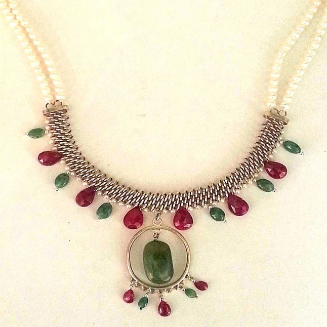 Real Emerald, Ruby & Pearl Silver Necklace (154-6)