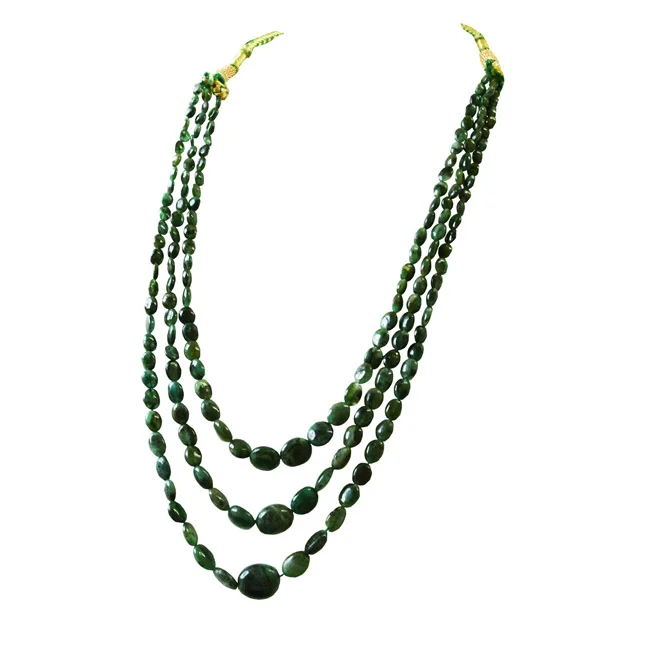 3 Line 159.28cts Real Natural Green Oval Emerald Necklace (159.28cts EMR Neck)