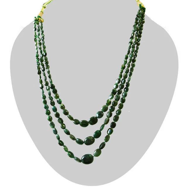 3 Line 159.28cts Real Natural Green Oval Emerald Necklace (159.28cts EMR Neck)
