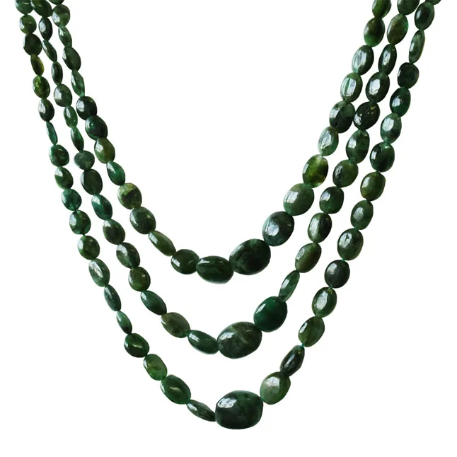 3 Line 159.28cts Real Natural Green Oval Emerald Necklace (159.28cts EMR Neck)