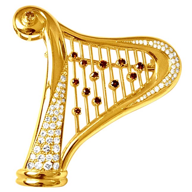 2.49ct G & Fancy Colour Real Diamond Harp 18kt Gold Brooch -Diamond Brooches