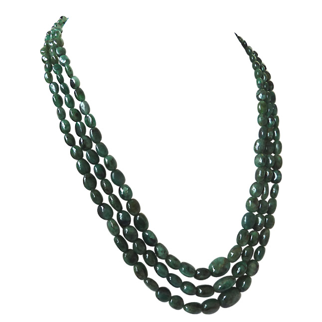 3 Line  327cts REAL Natural Green Oval Emerald Necklace (327cts Oval EMR Necklace)