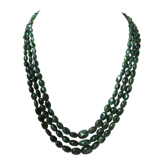 3 Line  327cts REAL Natural Green Oval Emerald Necklace (327cts Oval EMR Necklace)