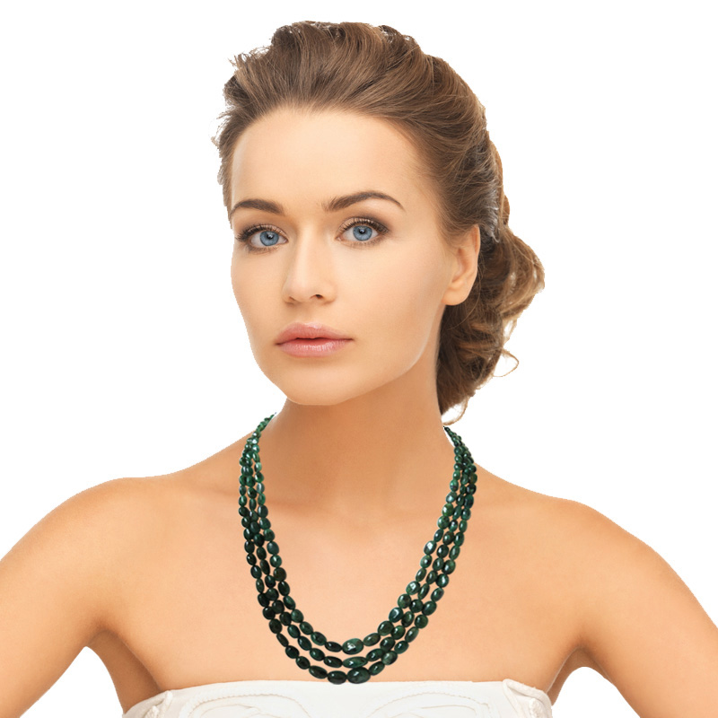 3 Line  327cts REAL Natural Green Oval Emerald Necklace (327cts Oval EMR Necklace)